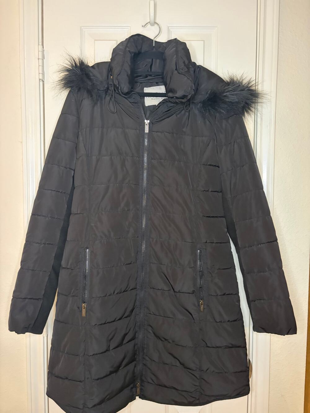Rachel Rachel Roy Black Quilted Puffer Coat Faux Fur Hood Women M Winter Jacket